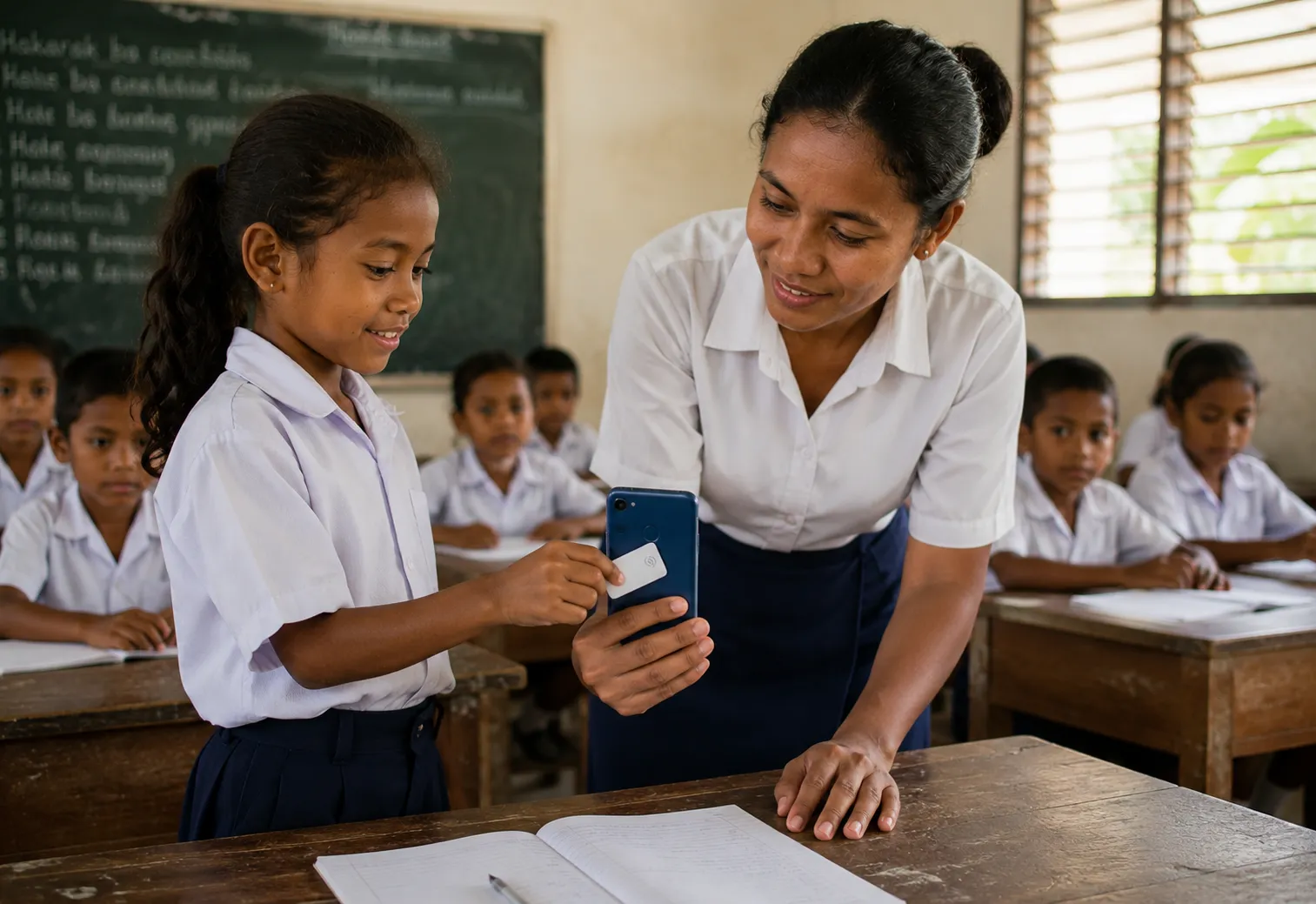 Teacher tapping NFC keycard to phone