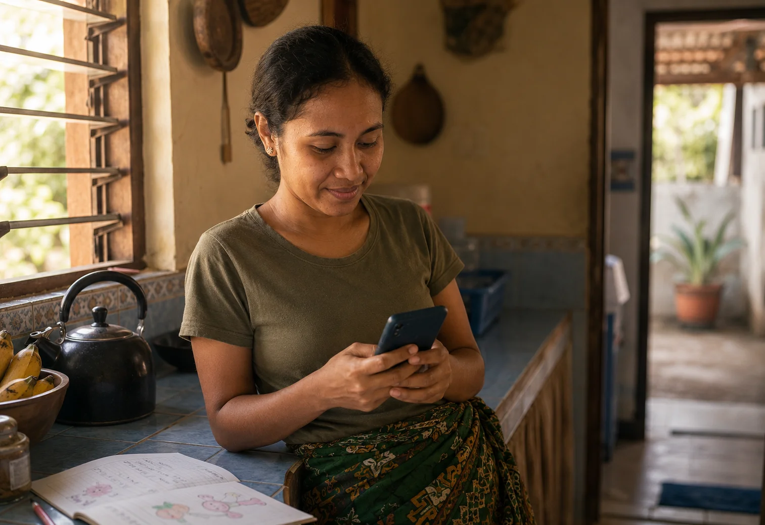 Mother checking SoT app on phone