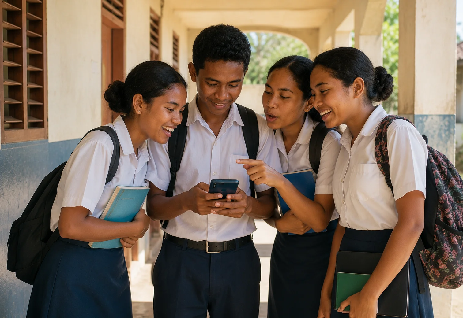 Student looking at SoT app with friends