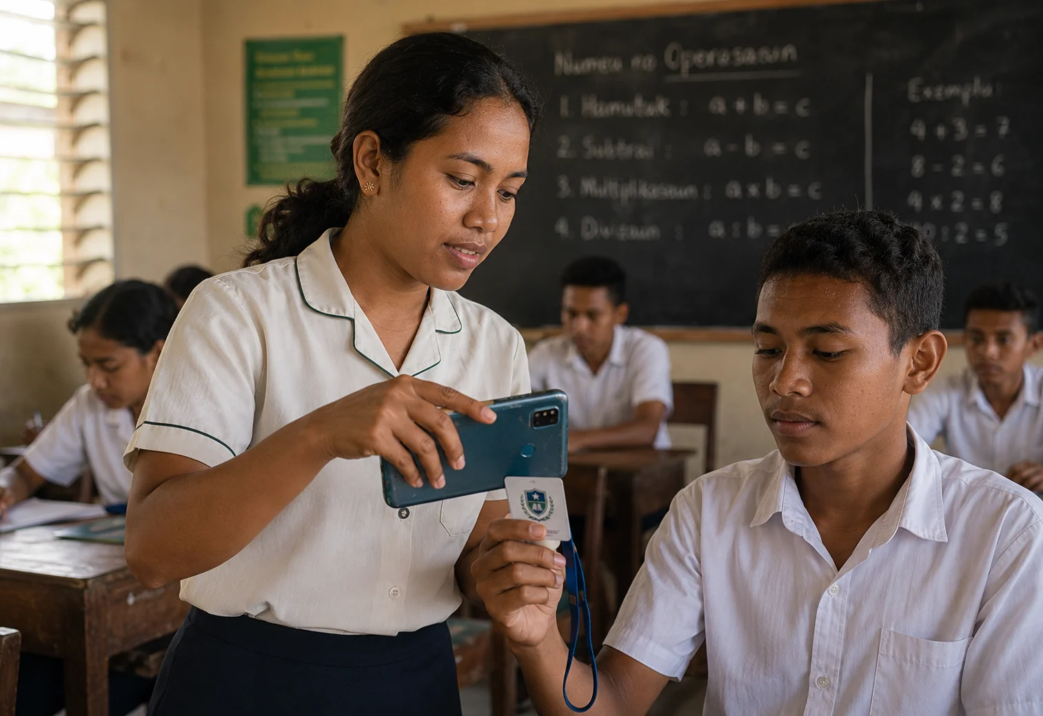 Teacher scanning student keycard with phone