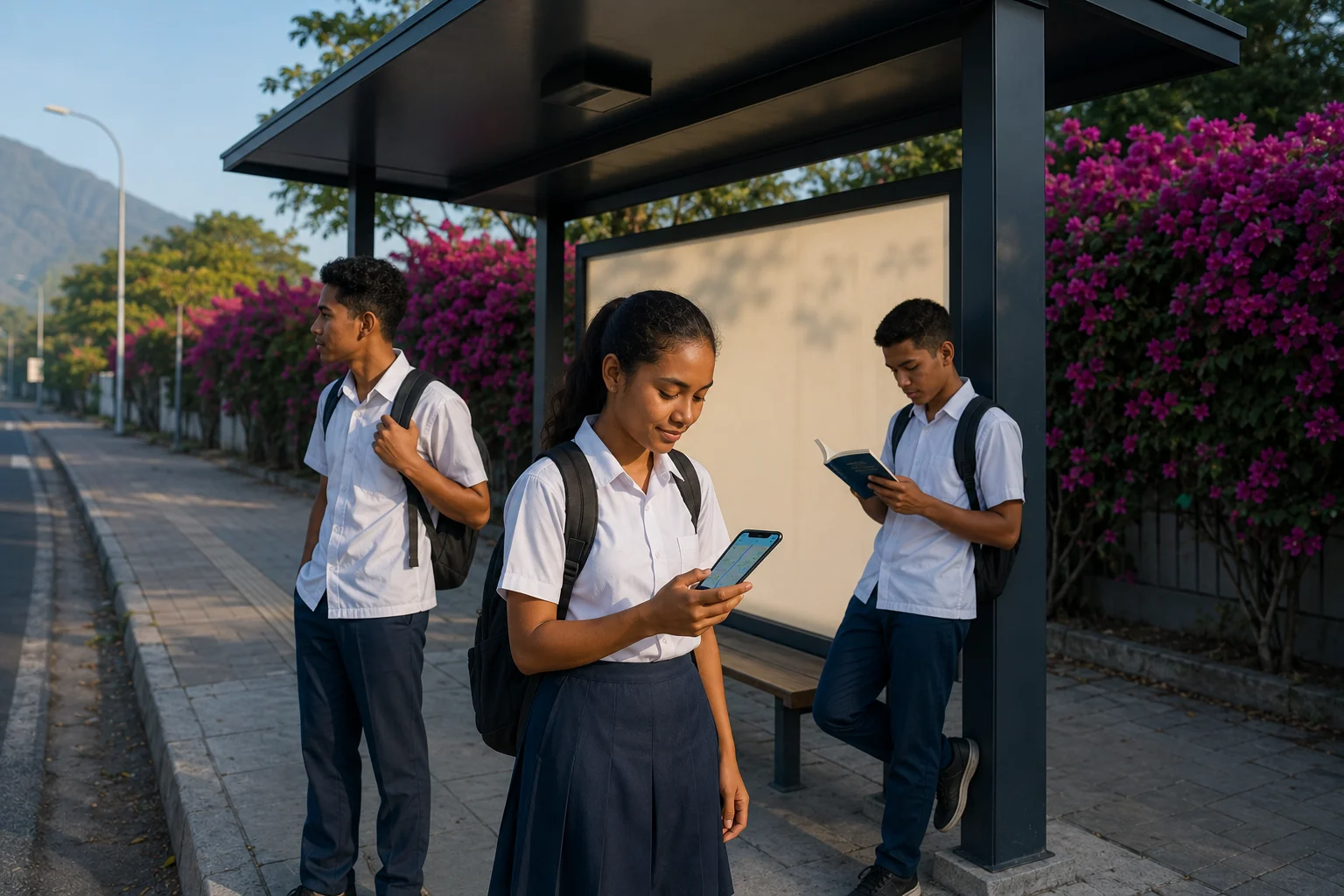 Children boarding a school bus in Dili