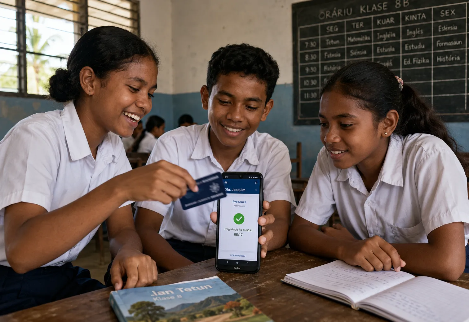 Timorese students in classroom using SoT keycards