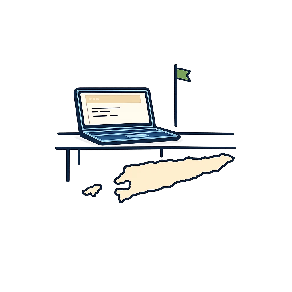 A laptop on a workshop desk with a Dili flag pin and the Timor-Leste outline