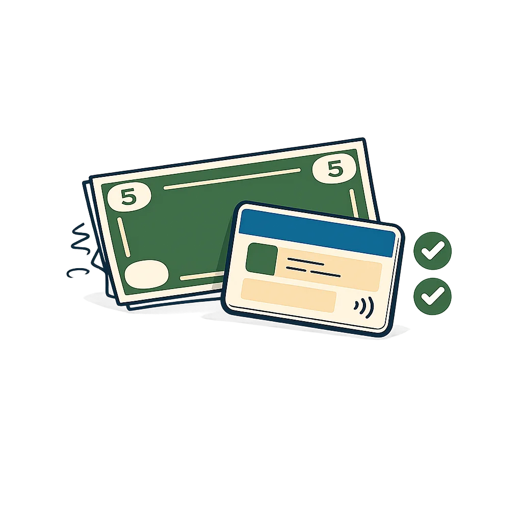 A $5 bill and a single Sand-coloured keycard