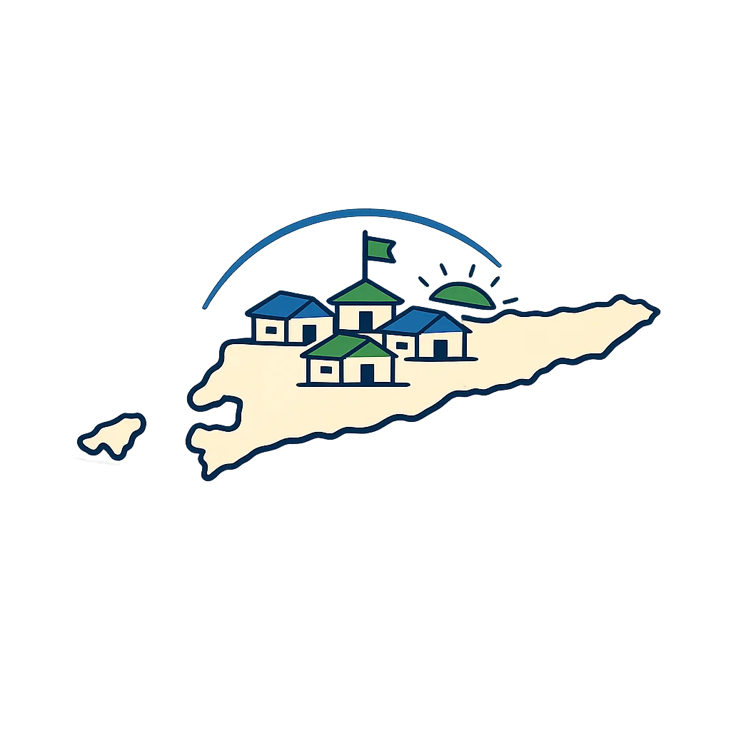 Stylised Timor-Leste outline with three small school buildings on top
