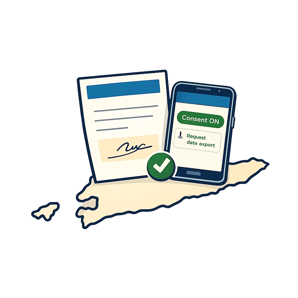 A permission slip with a signature box and a phone showing a consent toggle