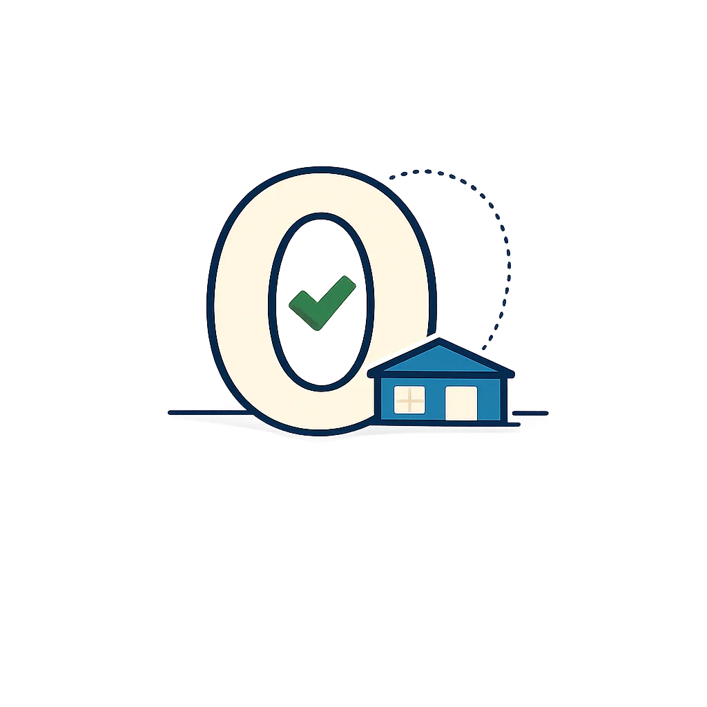 A bold zero numeral with a small school building