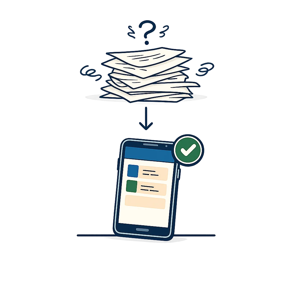 A messy stack of papers above, a tidy phone dashboard below