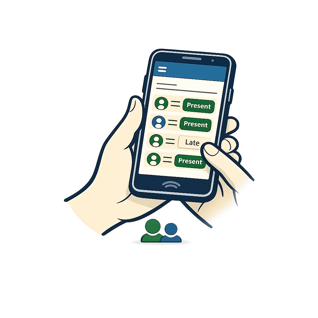 A teacher's hand tapping the SoT Teacher app attendance roster