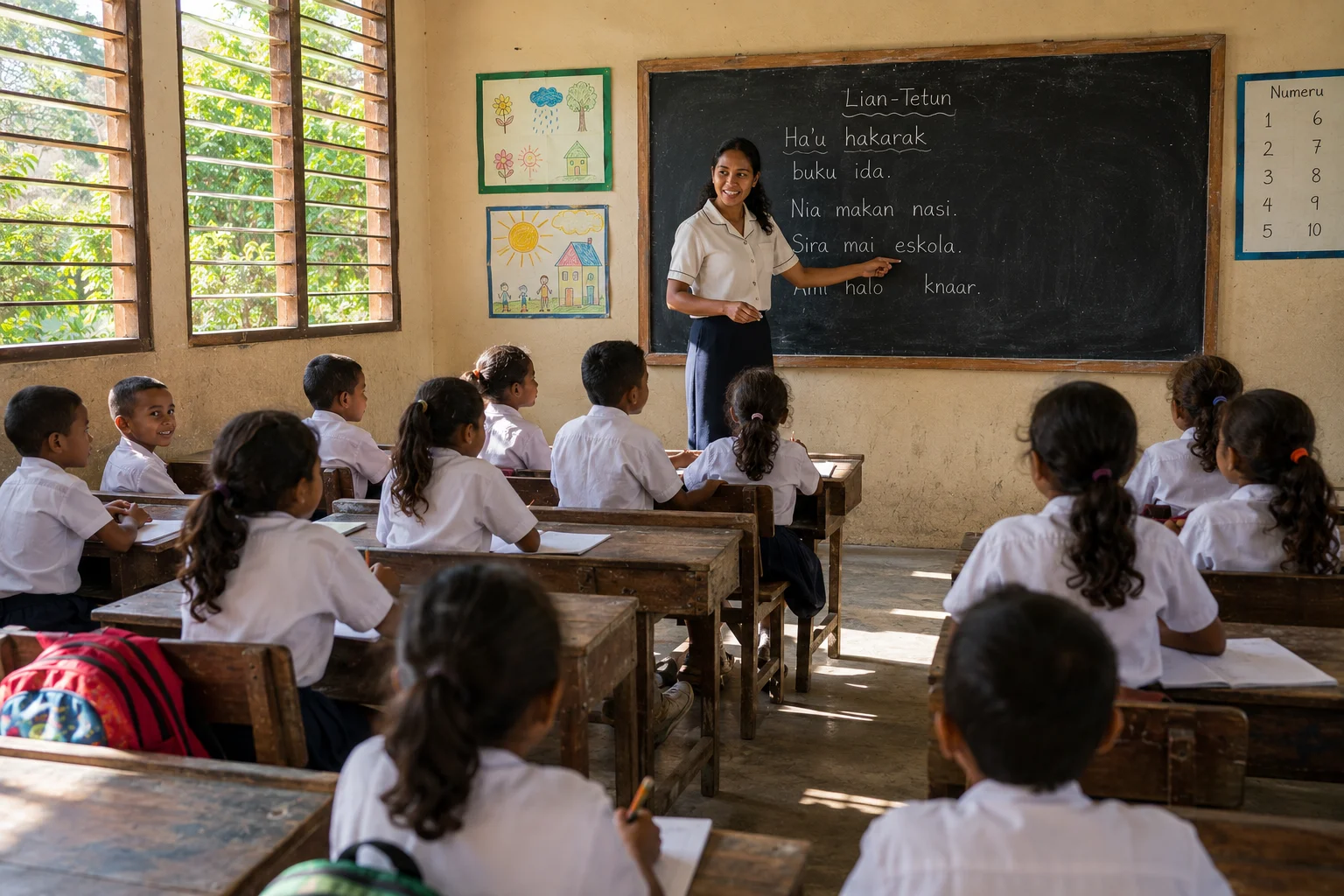 Primary school class in Timor-Leste with teacher and tablet