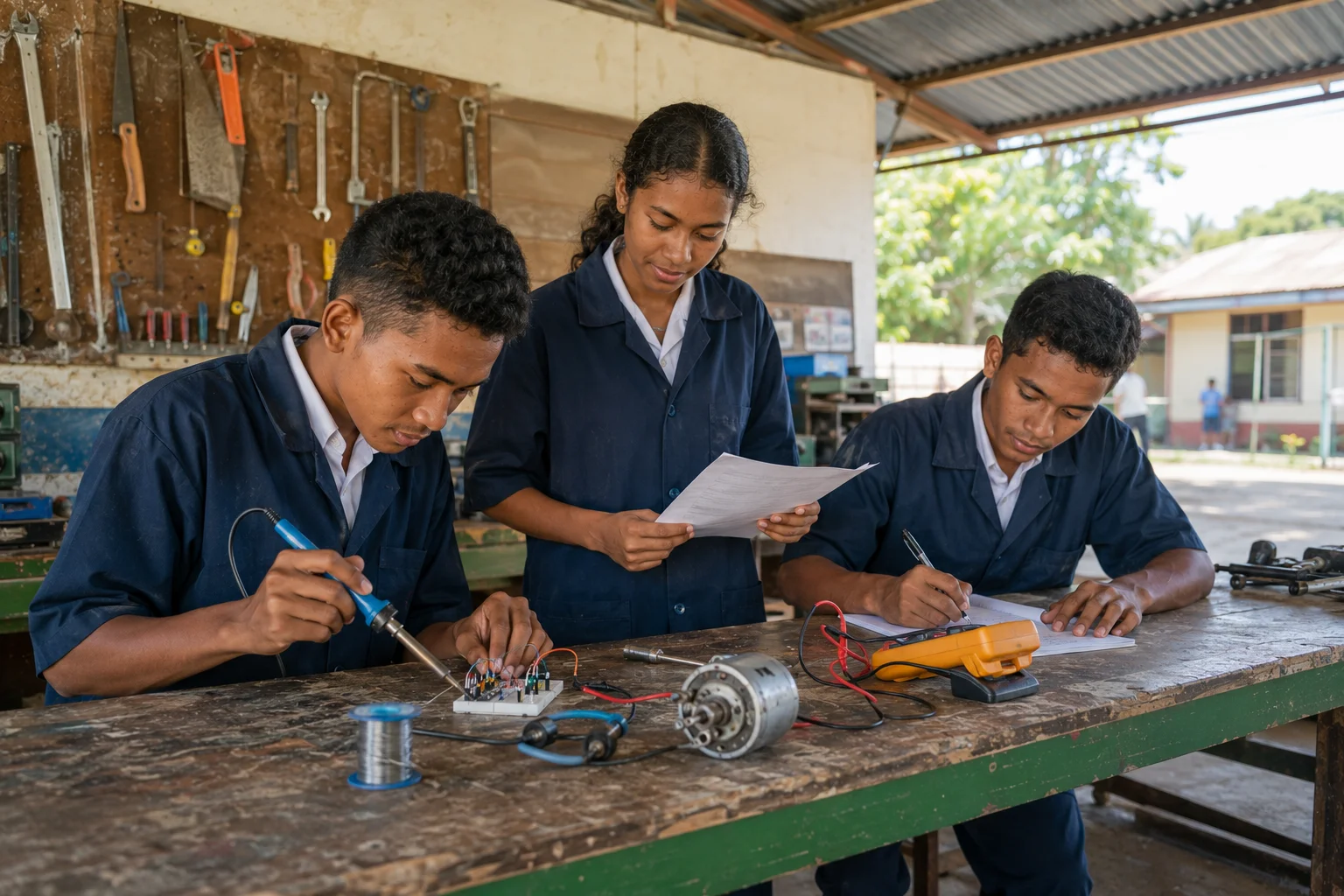 Students in a technical school workshop with instructor