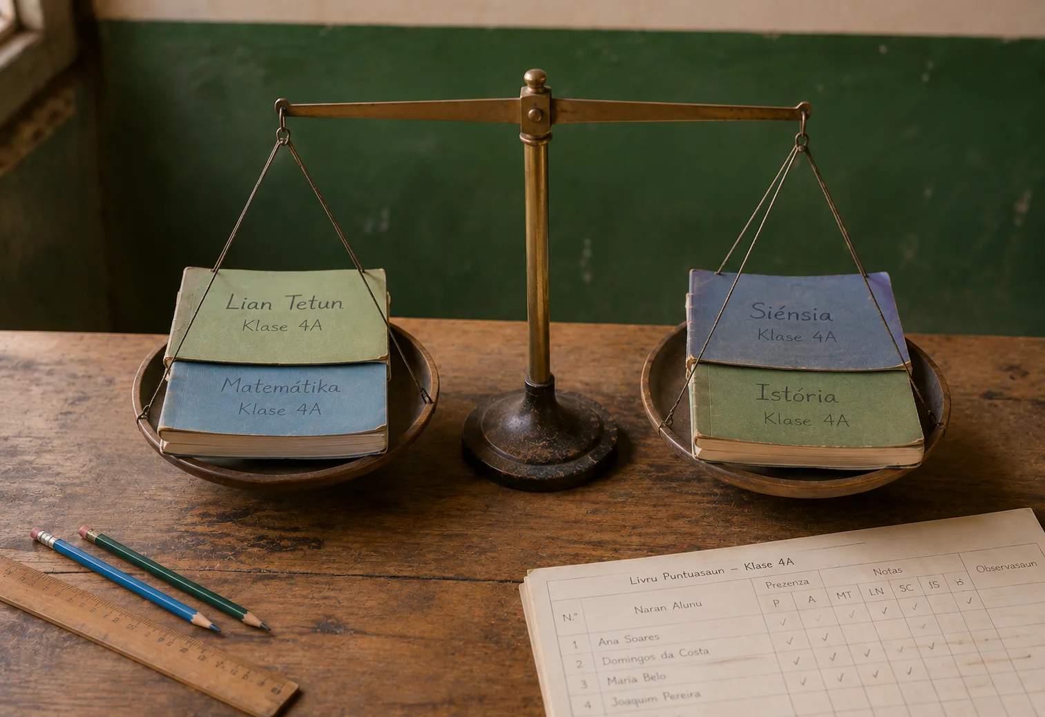 Balance scales comparing two school platforms