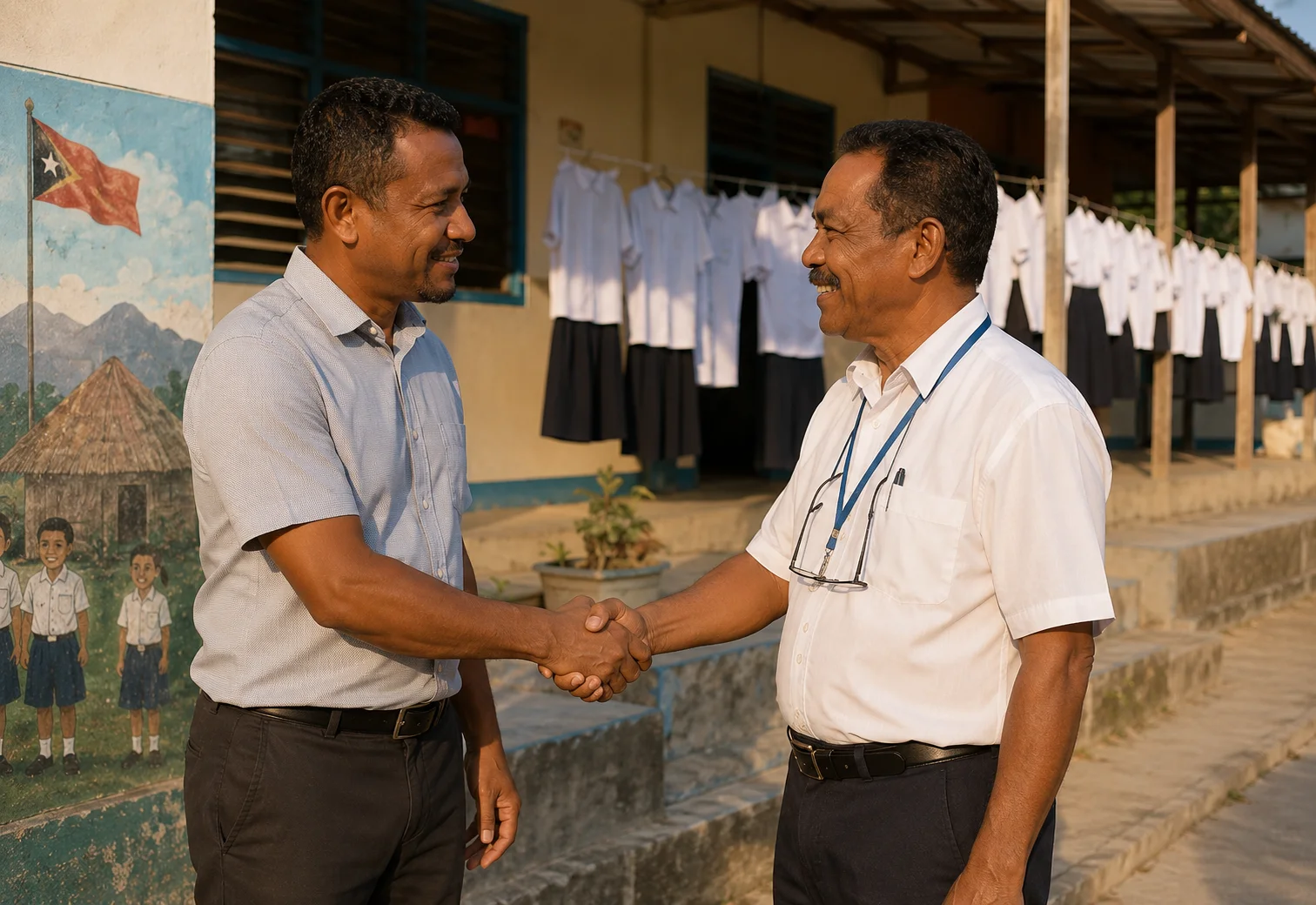 A handshake between two Timorese figures — sponsor and school