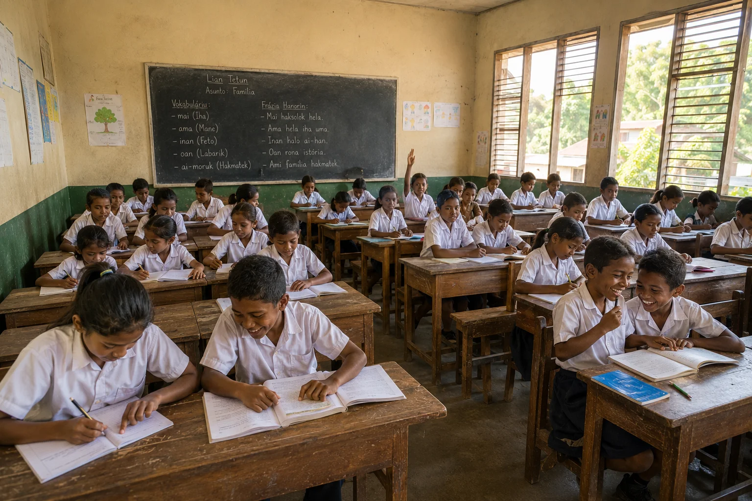 Timorese teacher with students in a sunlit classroom